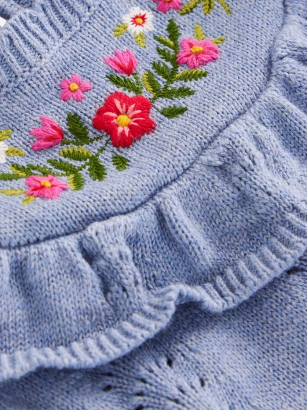 Mini Boden - Blue w/Pink Embroidered Flowers Pointelle Knitted Dress, Size 8-9y